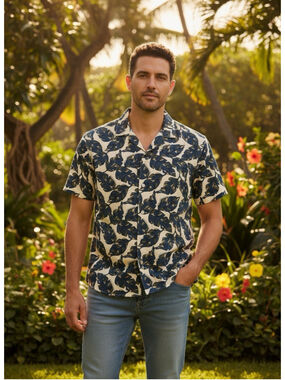 Tommy Hilfiger Mens Lou Tropical Print Hawaiian Short Sleeve Shirt Linen Cotton